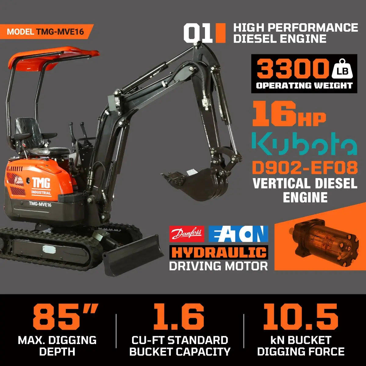 TMG Industrial TMG-MVE16 1600 kg Compact Mini Excavator 16 HP Kubota Diesel 218 cm Digging Depth