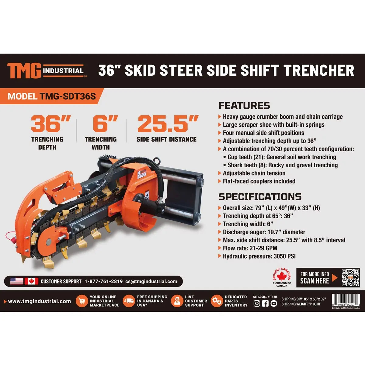 TMG Industrial TMG-SDT36S 91 cm Skid Steer Side Shift Trencher 15 cm Width Earth Tungsten Teeth