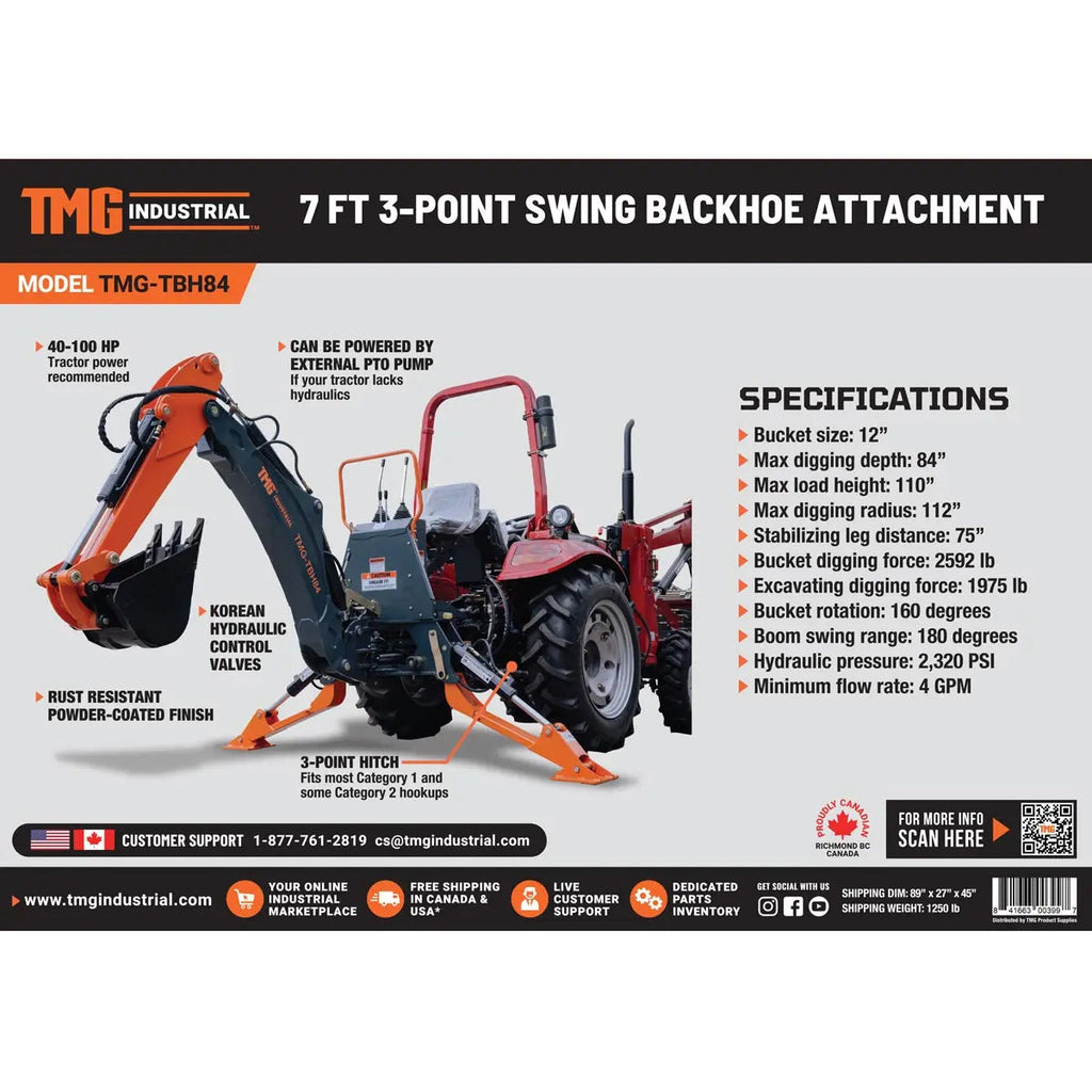 TMG Industrial TMG-TBH84 2.1 m 3-Point Hitch Swing Backhoe Attachment 30 cm Bucket 40-100 HP Tractor