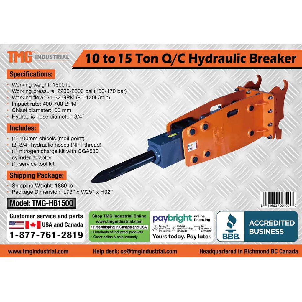 TMG Industrial TMG-HB150Q 10-15 Ton Excavator Hydraulic Breaker 100mm Moil Point Quick Change
