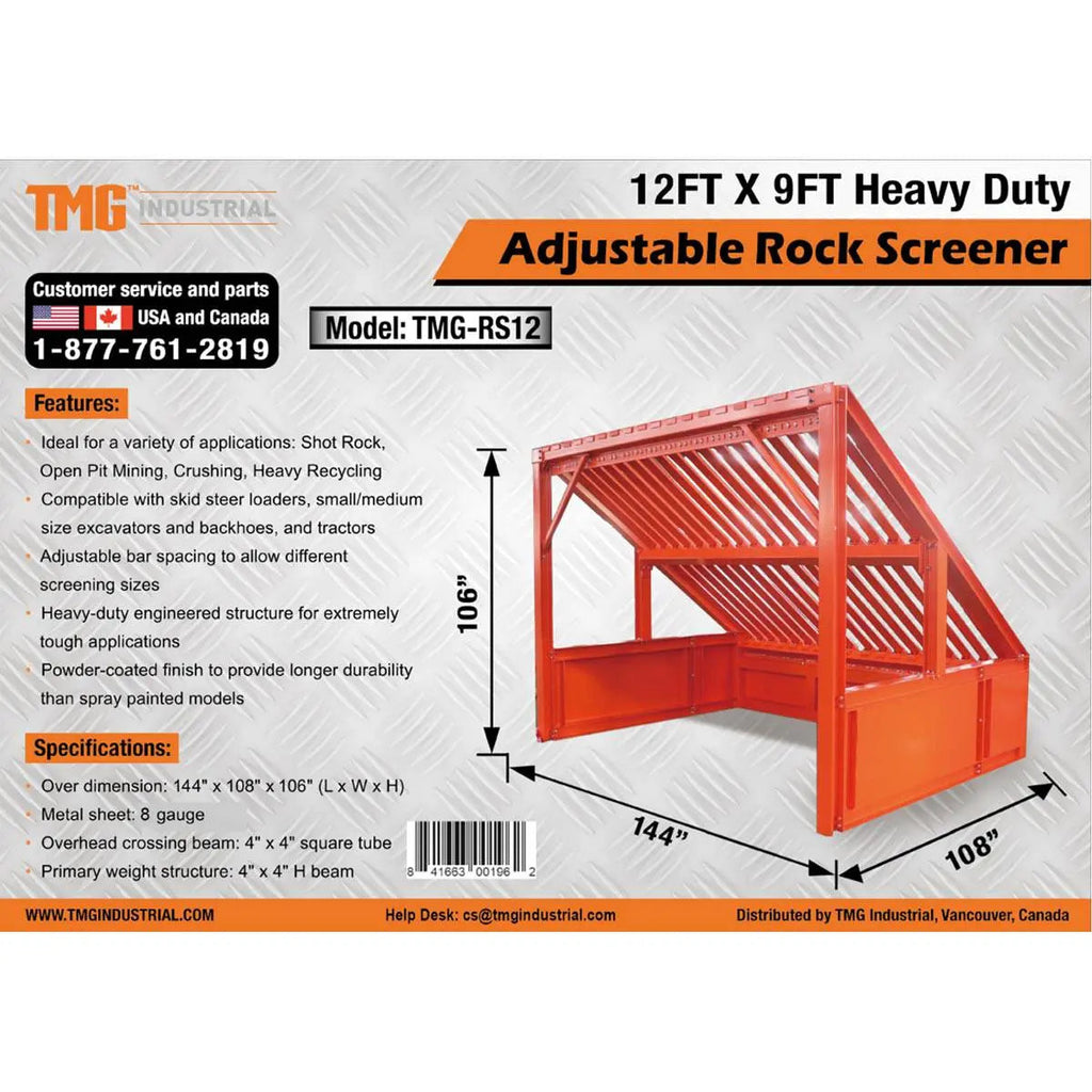 TMG Industrial TMG-RS12 3.7m Heavy-Duty Grizzly Rock Screen Adjustable Deck Bars 2268 kg Capacity