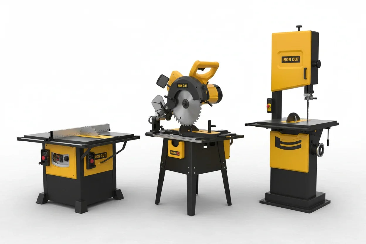 Yellow and black Iron Cut power tools including a table saw, miter saw, and band saw.