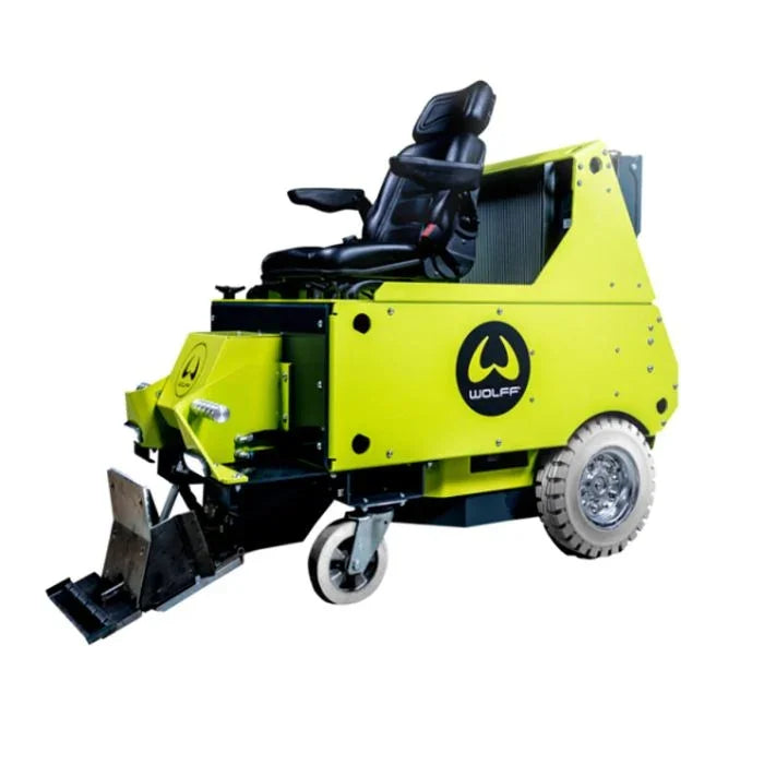 Wolff Independence battery ride-on floor stripper machine in lime green.